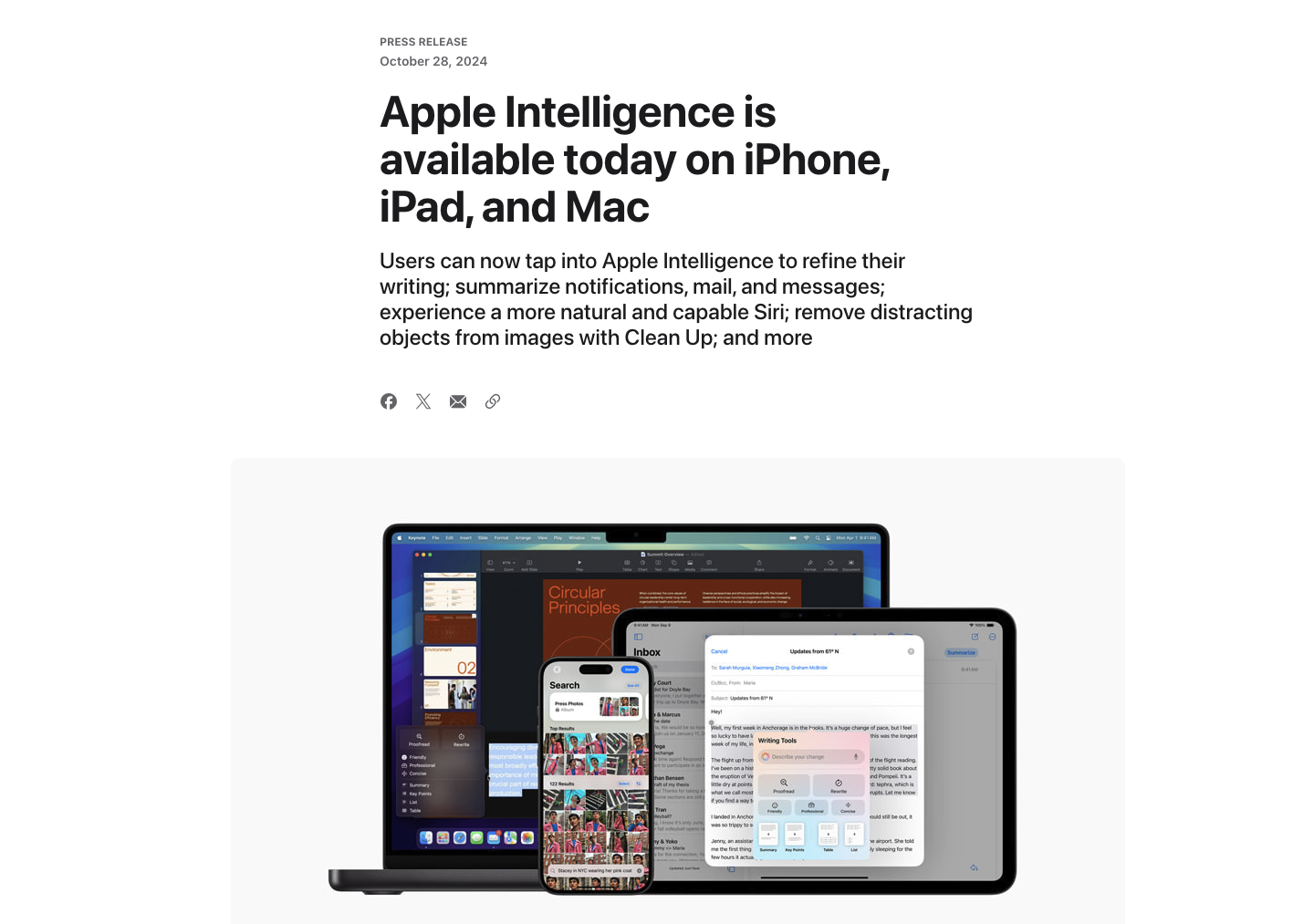 蘋果正式上線Apple Intelligence 預(yù)告下一波更新將在12月到來