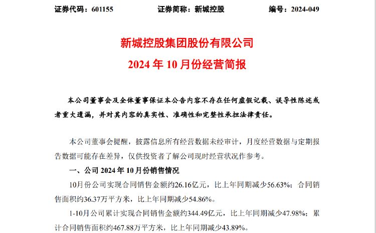 新城控股10月合同銷售額僅26億，同比大減近57%，當月租金收入不如預期引質(zhì)疑