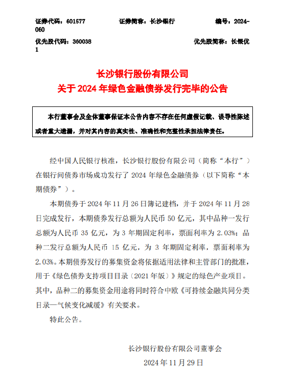 長(zhǎng)沙銀行：2024年綠色金融債券發(fā)行完畢